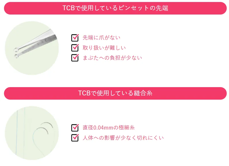 TCBは目や皮膚を必要以上に傷つけずにダウンタイムを早く終わらせるために、器具や糸に工夫がある