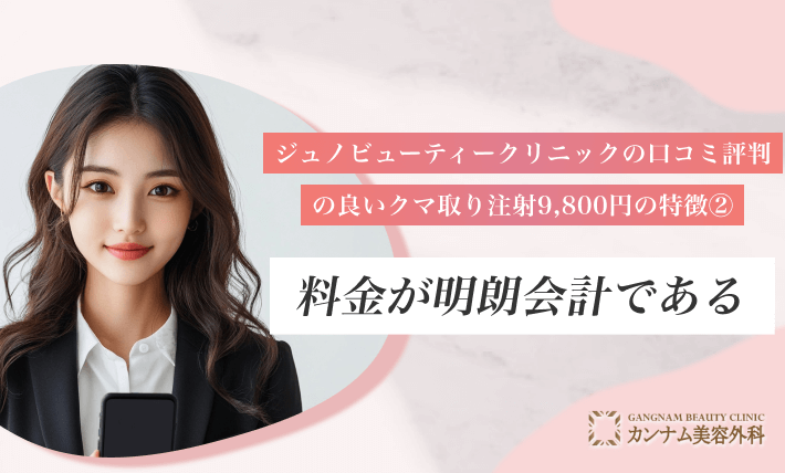 ジュノビューティークリニックの口コミ評判の良いクマ取り注射9,800円の特徴② 料金が明朗会計である