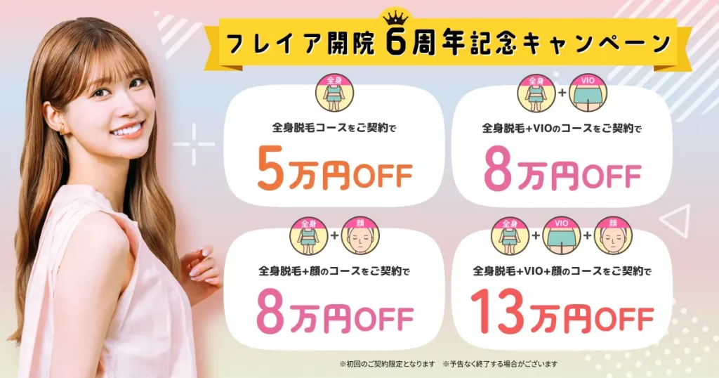 府中で医療脱毛がおすすめのフレイアクリニック 開院6周年記念キャンペーン②