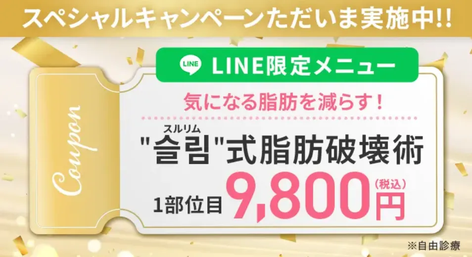 スルリム式脂肪破壊注射が1部位目9,800円