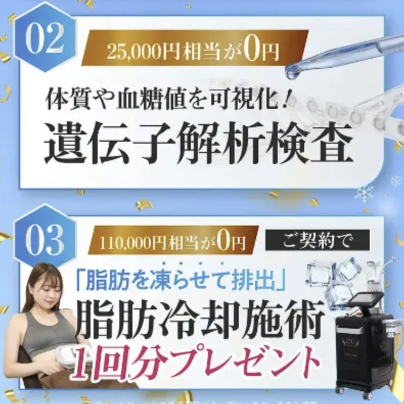 25,000円相当の遺伝子解析検査・110,000円相当の脂肪冷却施術の無料プレゼント